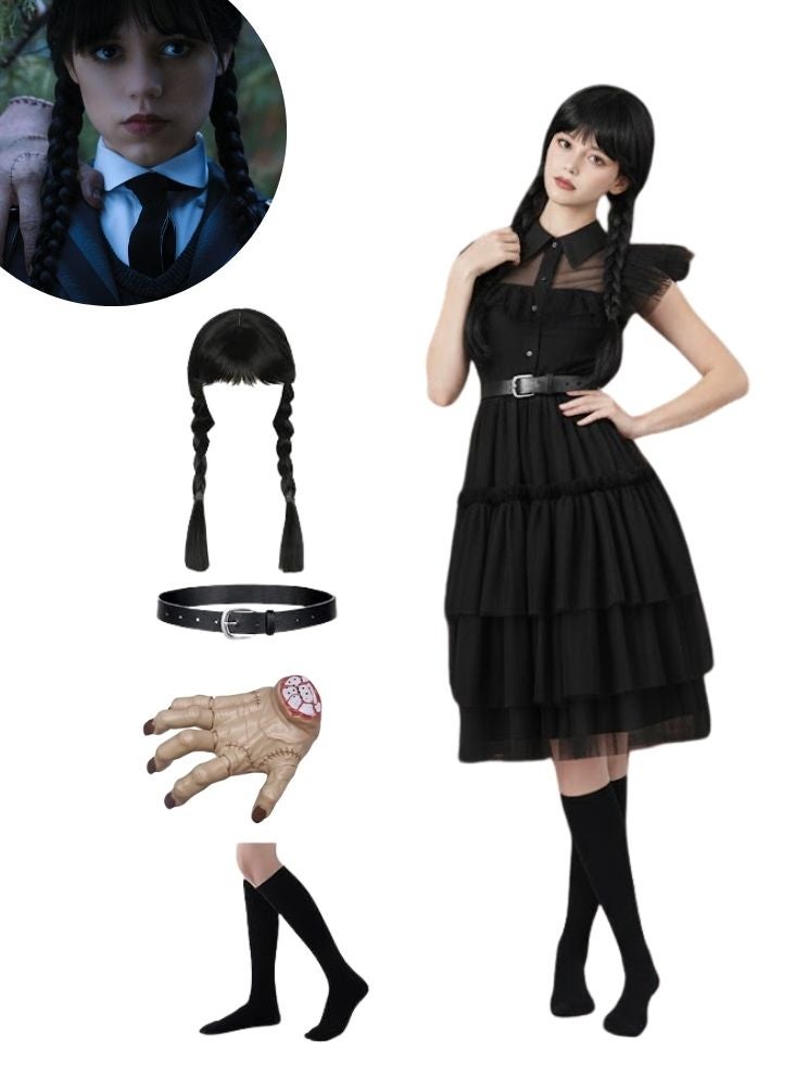 بريميم زي تنكري مستوحى من شخصية وينزداي آدامز، فستان أسود مع شعر مستعار مضفر ويد صناعية - زي تنكري قوطي للفتيات - Image 1